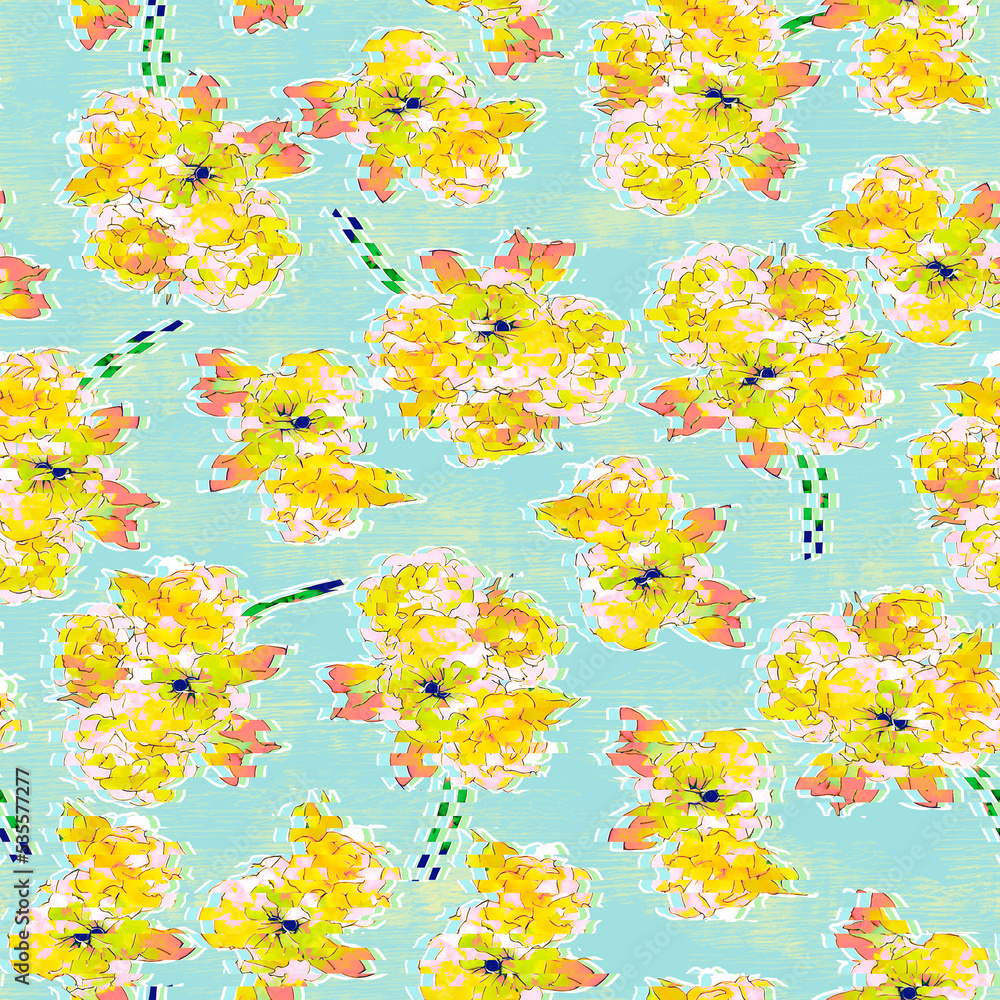 Yellow flowers watercolor pattern in abstract style on white background for textile design.