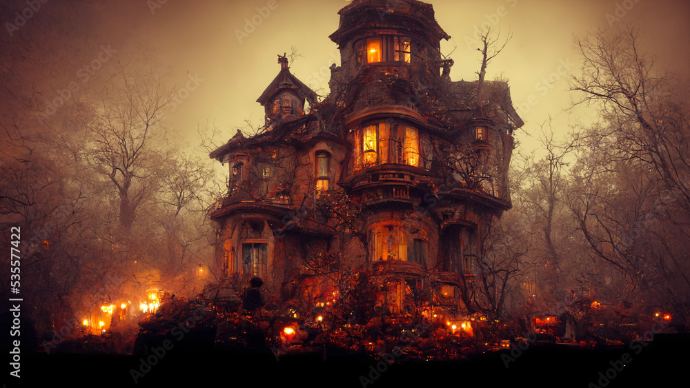Haunted halloween house with a dark and scary background with pumpkins and dead trees and lights Haunted halloween house with a dark and scary background with pumpkins and dead trees and lights