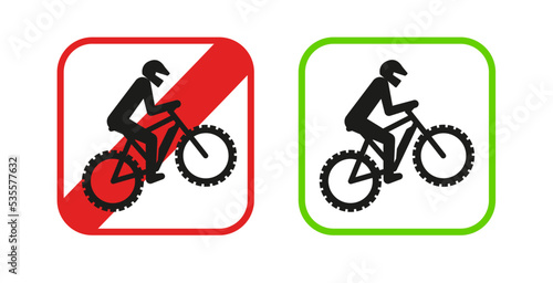 Fahrrad erlaubt, verboten Schild, Icon zur Verdeutlichung wo Elektro Fahrräder erlaubt sind. Hinweis Schild auf Wanderwegen