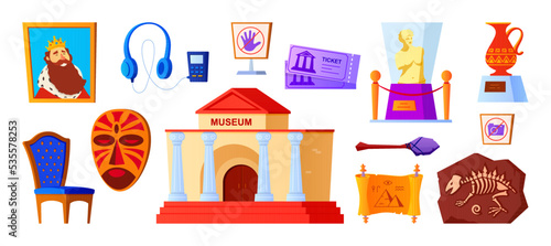 Exhibits of the historical museum - flat design style illustration set