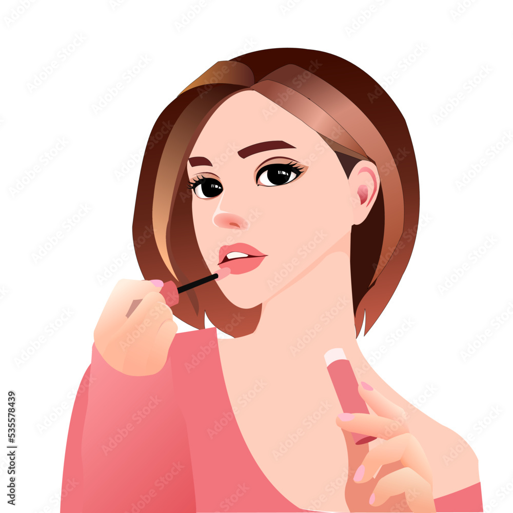 illustration of young woman putting on lipstick. trendy make up look. illustration of young woman putting on lipstick. trendy make up look.