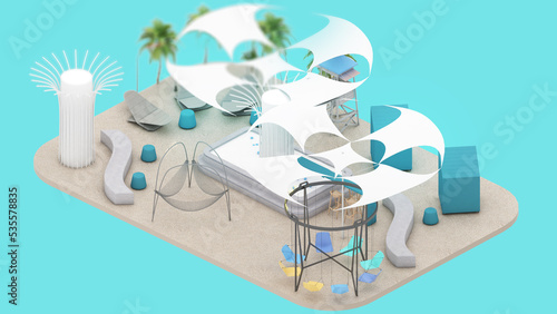 Isometric view of a Beach chair and beach sand,vacation travel on the beach and playing field,3D rendering