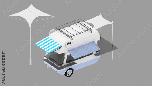 Isometric view of a model vans for coffee shop on the beach,3D rendering