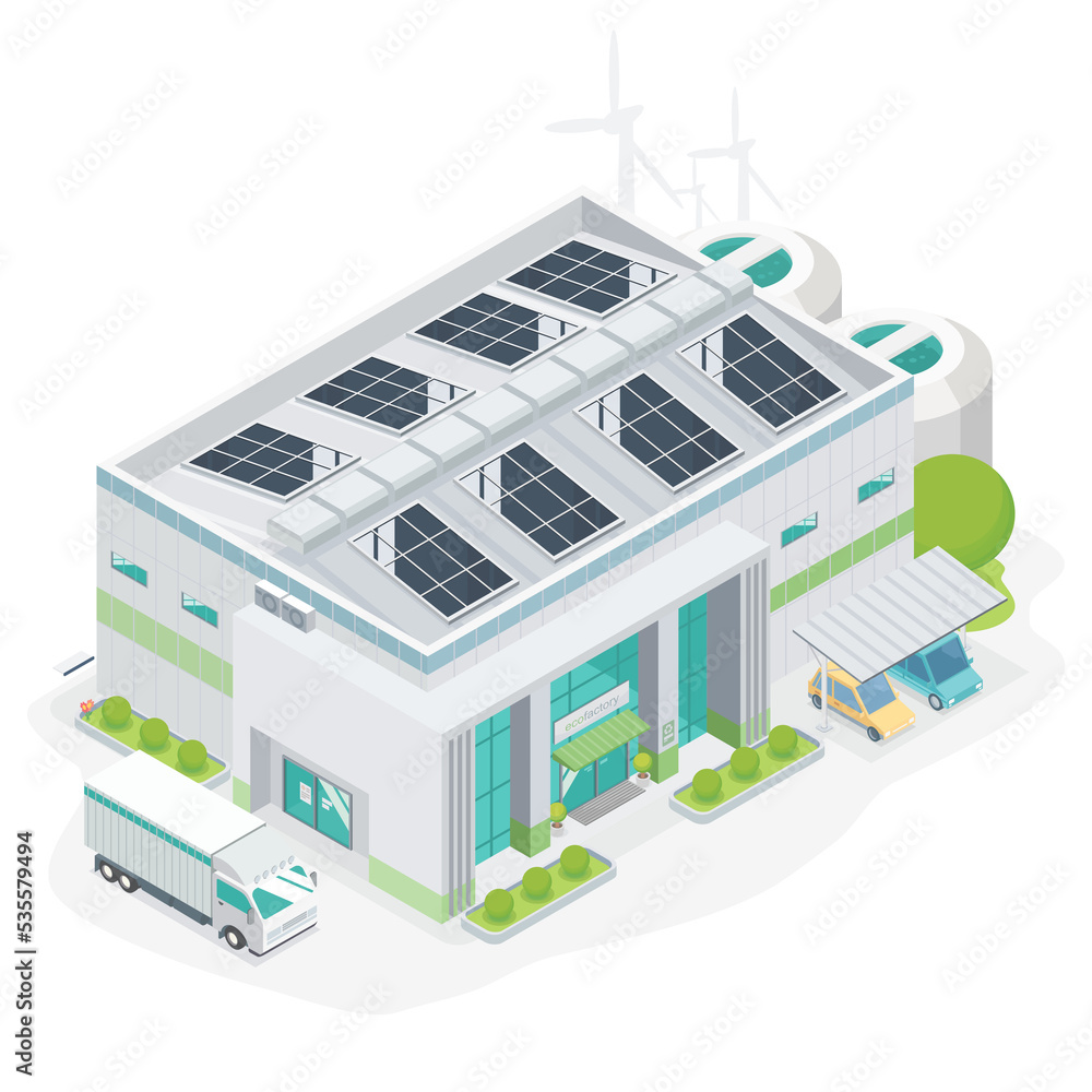 ecology smart green factory energy saving with solar cell like dream industry friendly isometric