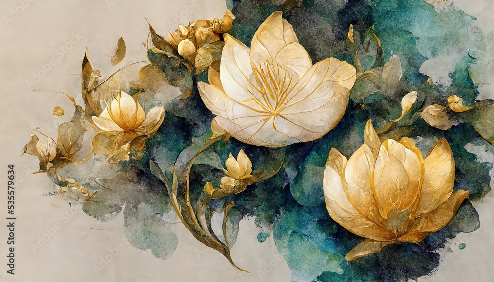 Open lotus flowers are drawn on a white paper canvas. 3D illustration - obrazy, fototapety, plakaty 