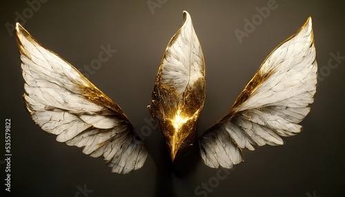 The swan's white wings are embellished with gold ornaments. 3D illustration