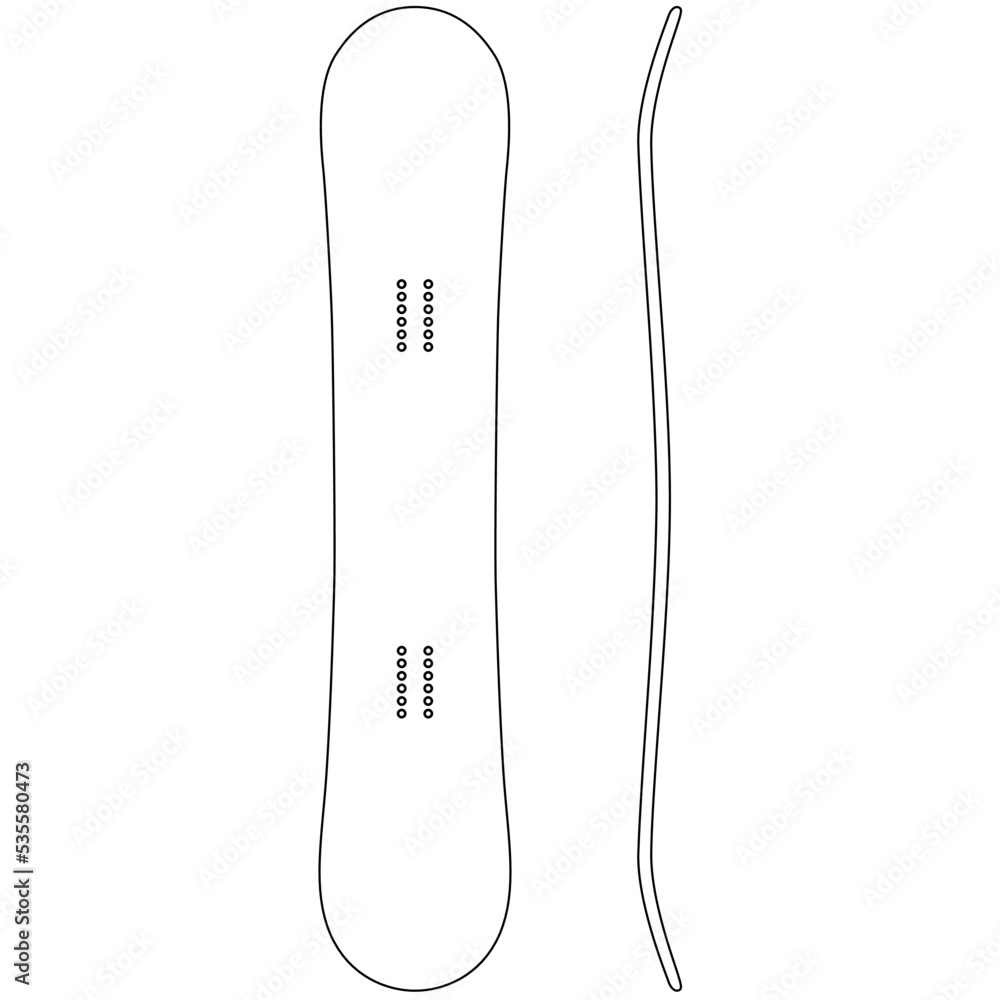 Snowboard board, Snowboarding winter sport equipment sketch drawing, contour lines drawn Snowboard board, Snowboarding winter sport equipment sketch drawing, contour lines drawn