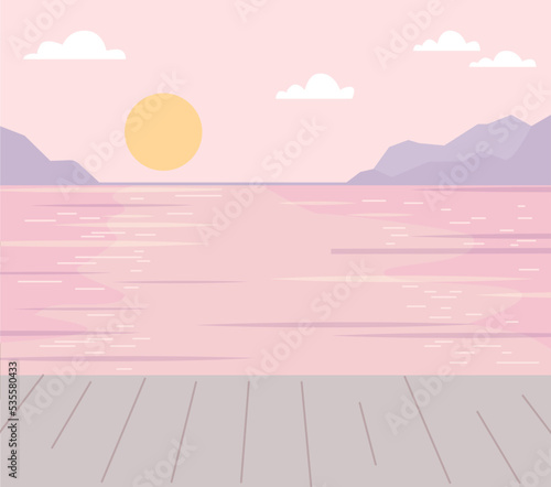Marine sunset. Sea shore background with rising sun