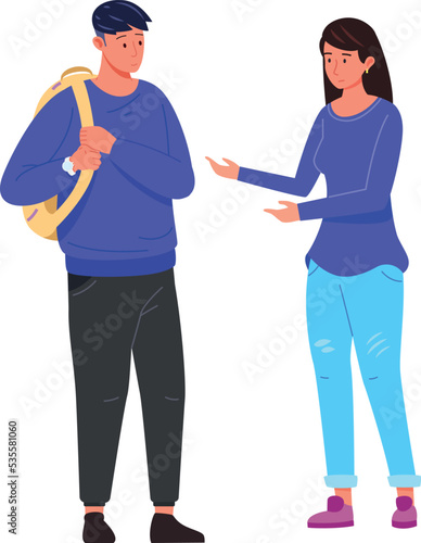 Man with backpack and woman talking. Young student friends