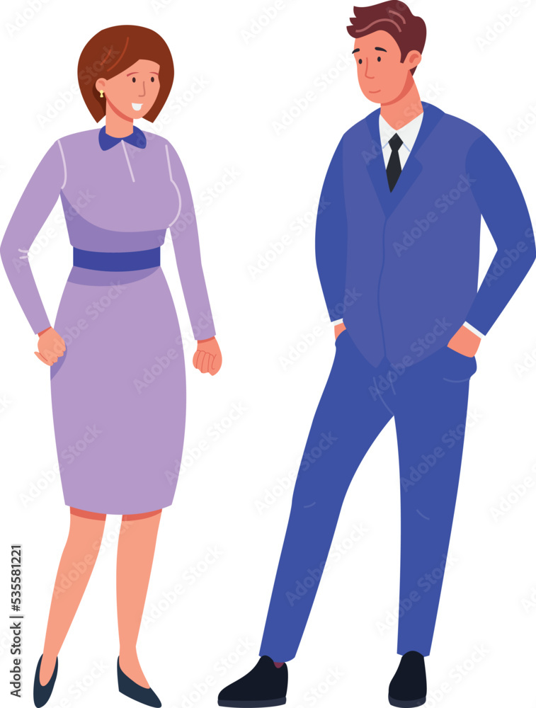 Man and woman in formal clothes. Colleagues talking. Young couple Man and woman in formal clothes. Colleagues talking. Young couple