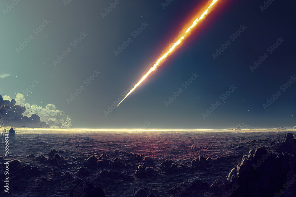 Ballistic missile launched into space. Fantastic space abstraction. Comet in space. 3D illustration.