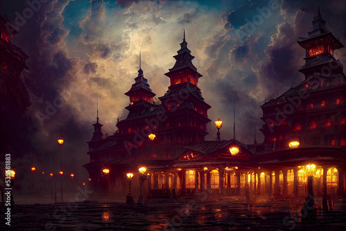 Fantasy night dark landscape, night gloomy castle, ancient dark city. 3D illustration