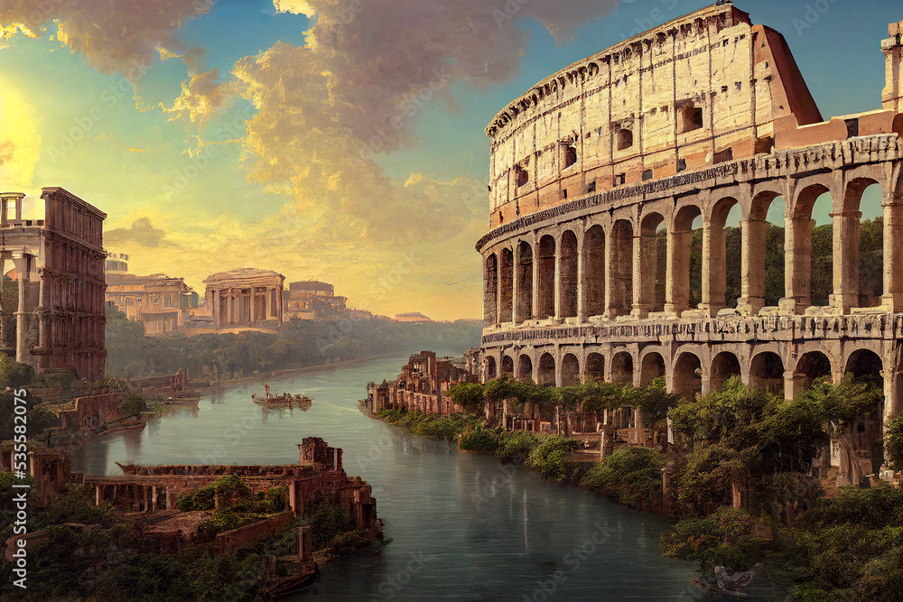Ancient architecture, beautiful fantasy landscape overlooking the ancient Colosseum, mysterious landscape, river. 3D illustration.