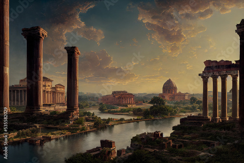 Ancient architecture, beautiful fantasy landscape overlooking the ancient Colosseum, mysterious landscape, river. 3D illustration.