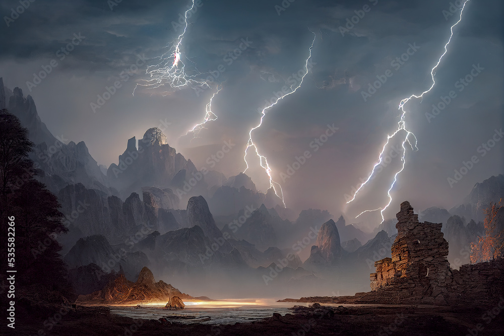 Dark dramatic stormy night sky with lightning bolts. Night mountain ...