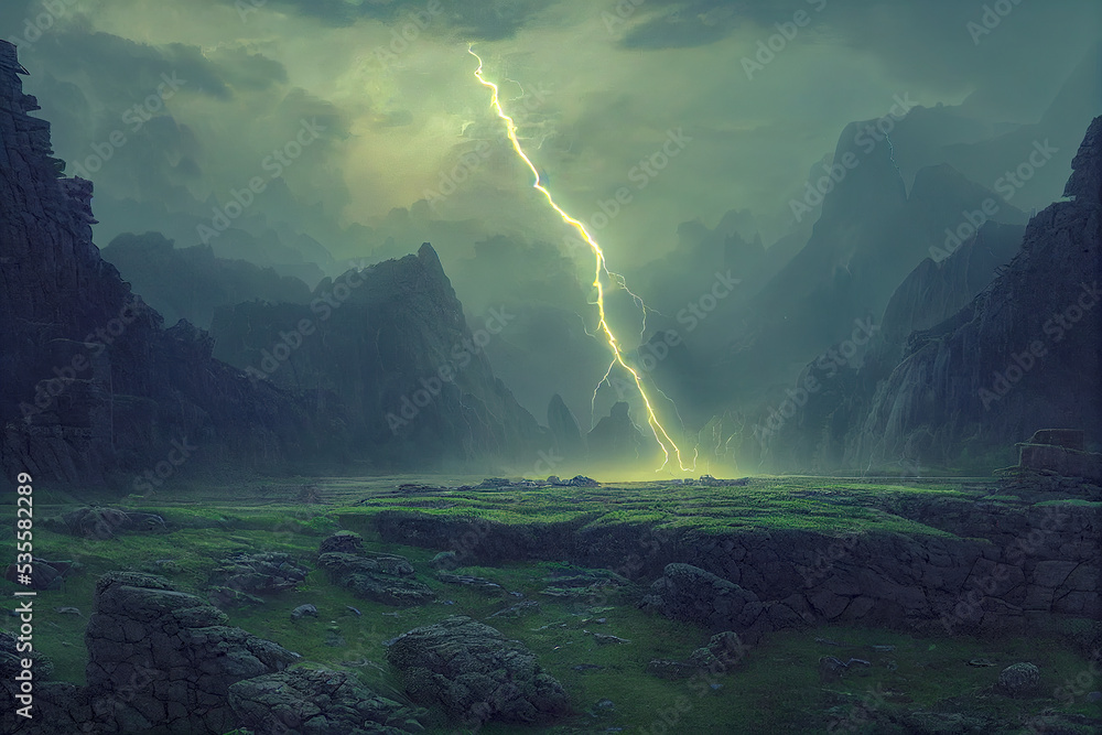 Dark dramatic stormy night sky with lightning bolts. Night mountain ...