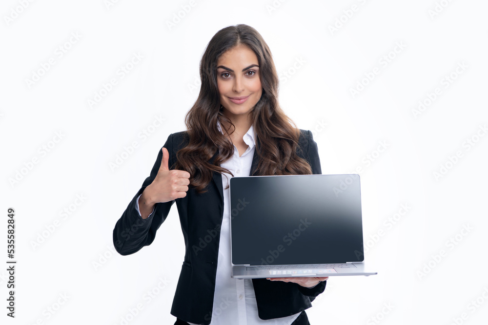 Portrait of positive cheerful ceo expert business woman work at laptop isolated over gray background. Secretary with laptop, studio portrait. Portrait of positive cheerful ceo expert business woman work at laptop isolated over gray background. Secretary with laptop, studio portrait.