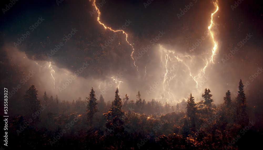 Obraz premium Dark dramatic stormy night sky with lightning bolts. Night mountain landscape. Flashes of light from thunder and lightning. 3D illustration.