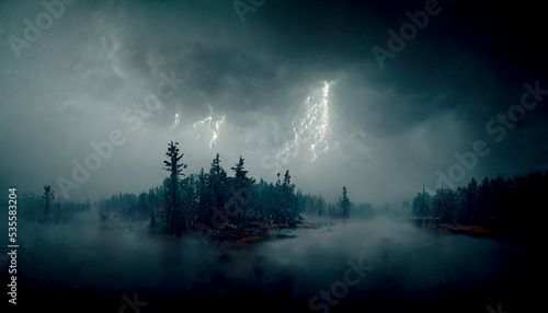 Dark dramatic stormy night sky with lightning bolts. Night mountain landscape. Flashes of light from thunder and lightning. 3D illustration.