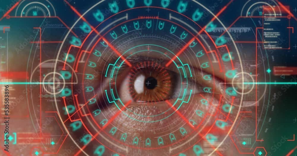 Animation of neon shapes over eye of caucasian man Animation of neon shapes over eye of caucasian man