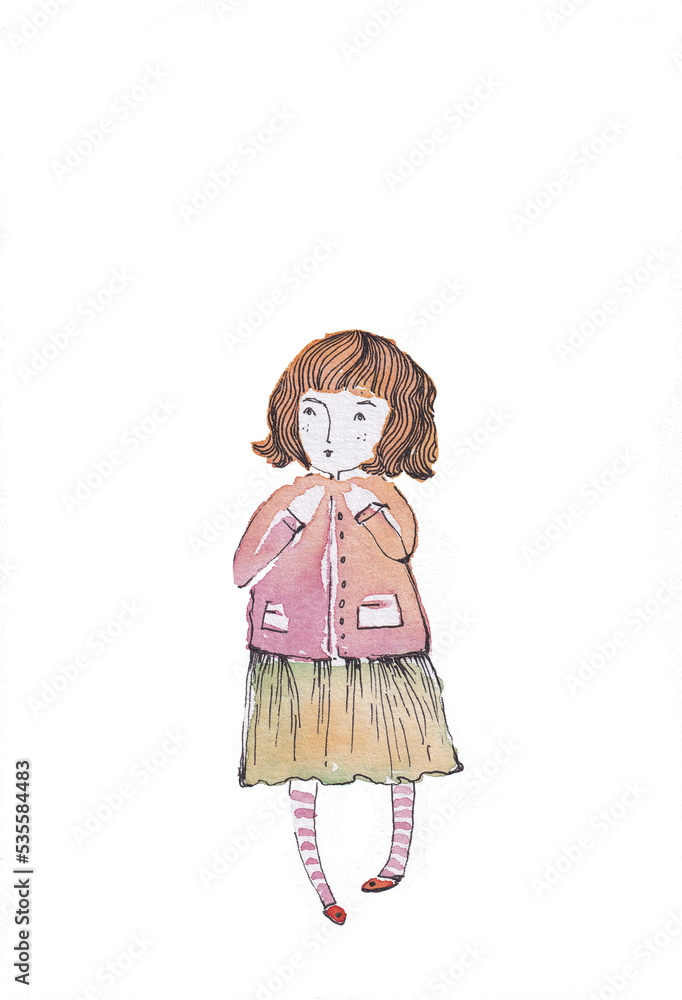Fototapeta premium Illustration of a little girl doll watercolor. Sweet draw, hand made artworks.