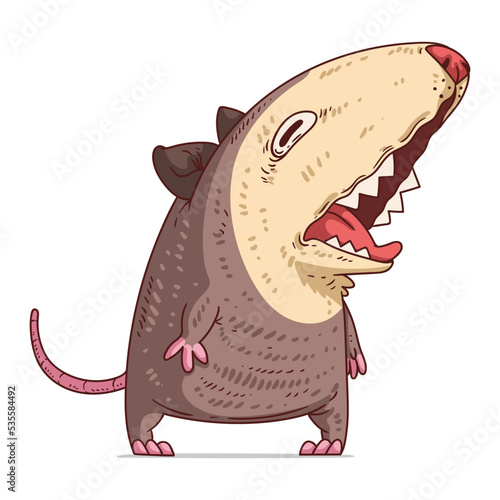 A Singing Possum, isolated vector illustration. Funny cartoon picture of a laughing opossum. A humorous scared possum sticker. Simply drawn yawning opossum on white background. A wild animal.