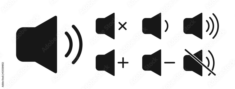 Volume icons. Sound volume icon. Speaker sign. Volume control button. Sound on, off, low, high. Volume mute symbol. Vector illustration. Volume icons. Sound volume icon. Speaker sign. Volume control button. Sound on, off, low, high. Volume mute symbol. Vector illustration.