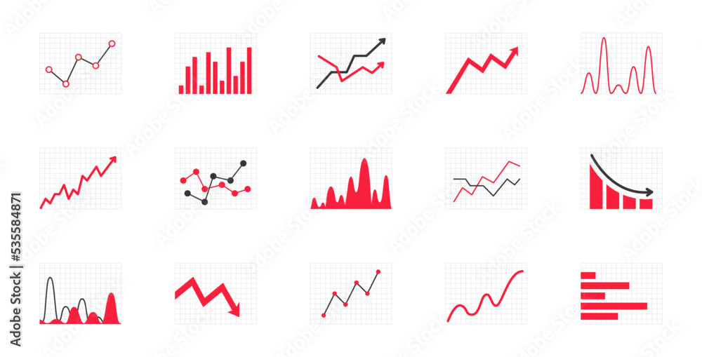 Set of business graph and charts icons. Business data charts. Colorful diagrams, schemes, infographic. Statistics, data, growth and falling icons set.