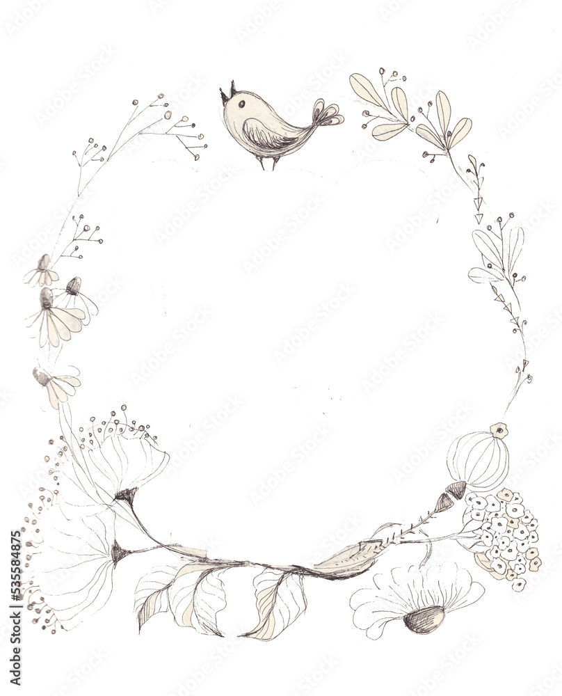 Frame with birds. Illustration of a flowers and leaves frame for beautiful wedding or cards boutique. Fresh pastel, graphic draw , suave colors in a sweet frame celebration. Frame with birds. Illustration of a flowers and leaves frame for beautiful wedding or cards boutique. Fresh pastel, graphic draw , suave colors in a sweet frame celebration.