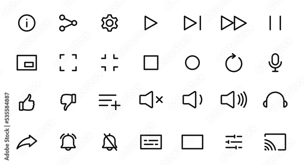 Media player line icon set. Video player control icons. Interface icons