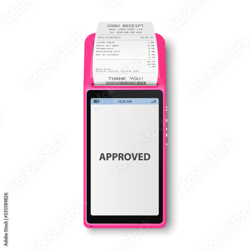 Vector 3d NFC Payment Machine with Approved Status, Paper Check, Receipt Isolated. Wi-fi, Wireless Payment. POS Terminal, Machine Design Template of Bank Payment Contactless Terminal, Mockup. Top VIew