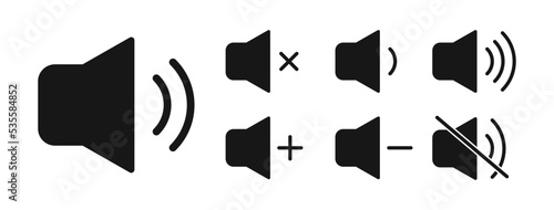 Volume icons. Sound volume icon. Speaker sign. Volume control button. Sound on, off, low, high. Volume mute symbol. Vector illustration.