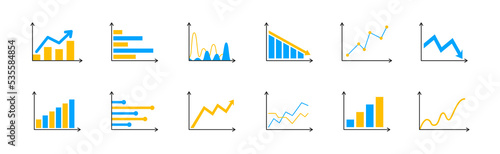 Set of business graph and charts icons. Business data charts. Colorful diagrams, schemes, infographic. Statistics, data, growth and falling icons set.