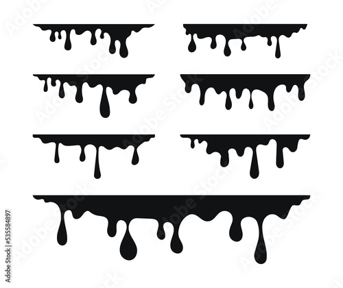 Paint dripping set. Black melt drips. Current liquid. Dripping fluid. Flowing paint. Color can be edited. Vector illustration.