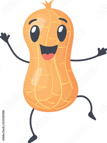 Happy peanut character. Cartoon smiling nut jumping