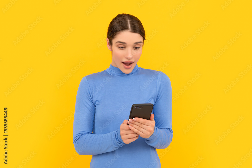 amazed woman read sms on smartphone, communication amazed woman read sms on smartphone, communication