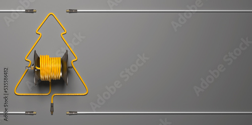 A symbolic Christmas tree laid out of a cable and a coil. Creative greeting card or banner template on a power engineering theme.