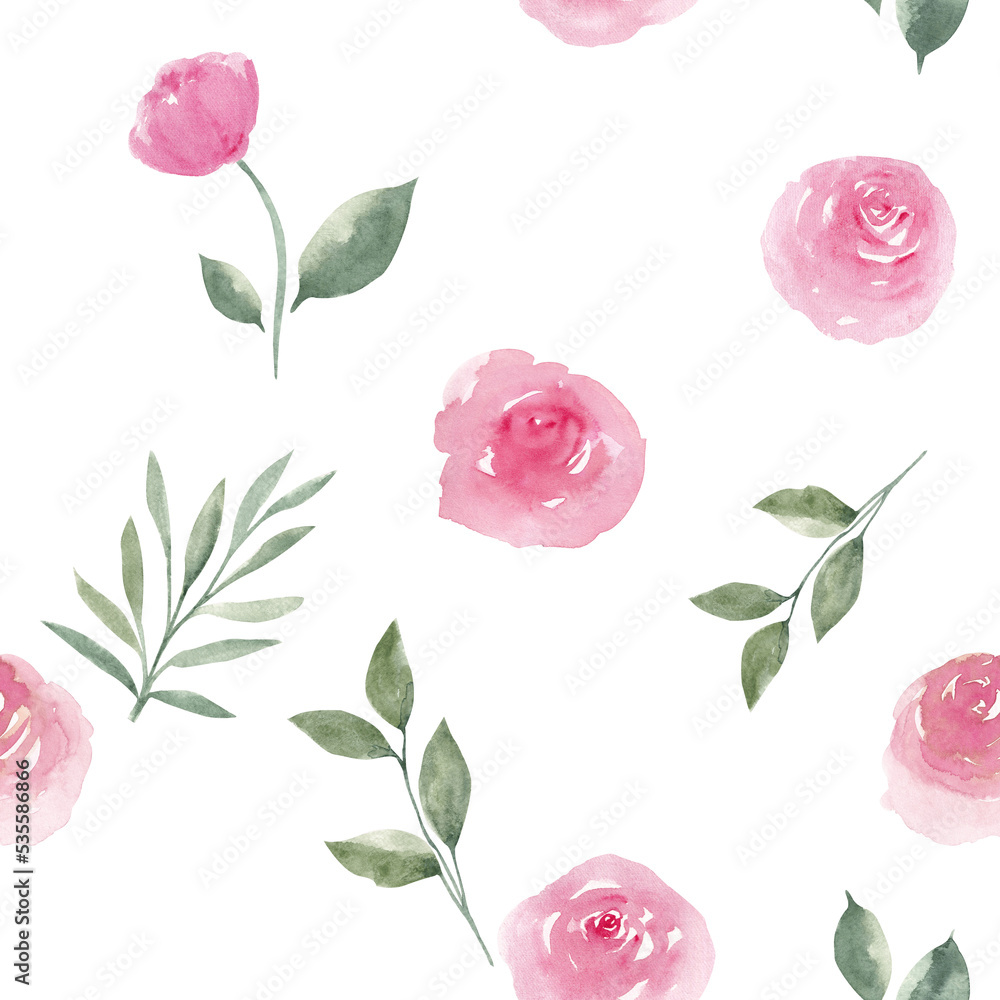 Dusty pink peony roses with green leaves seamless pattern isolated on white background. Botanical tile for bedding, wrapping paper, fabrics, textile, scrapbooking, stationery