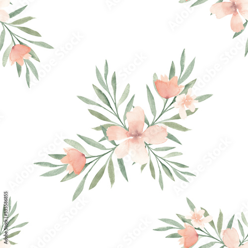 Neutral beige exotic tropical flowers with green leaves seamless pattern isolated on white background. Botanic tile for fabric, wallpaper, textile