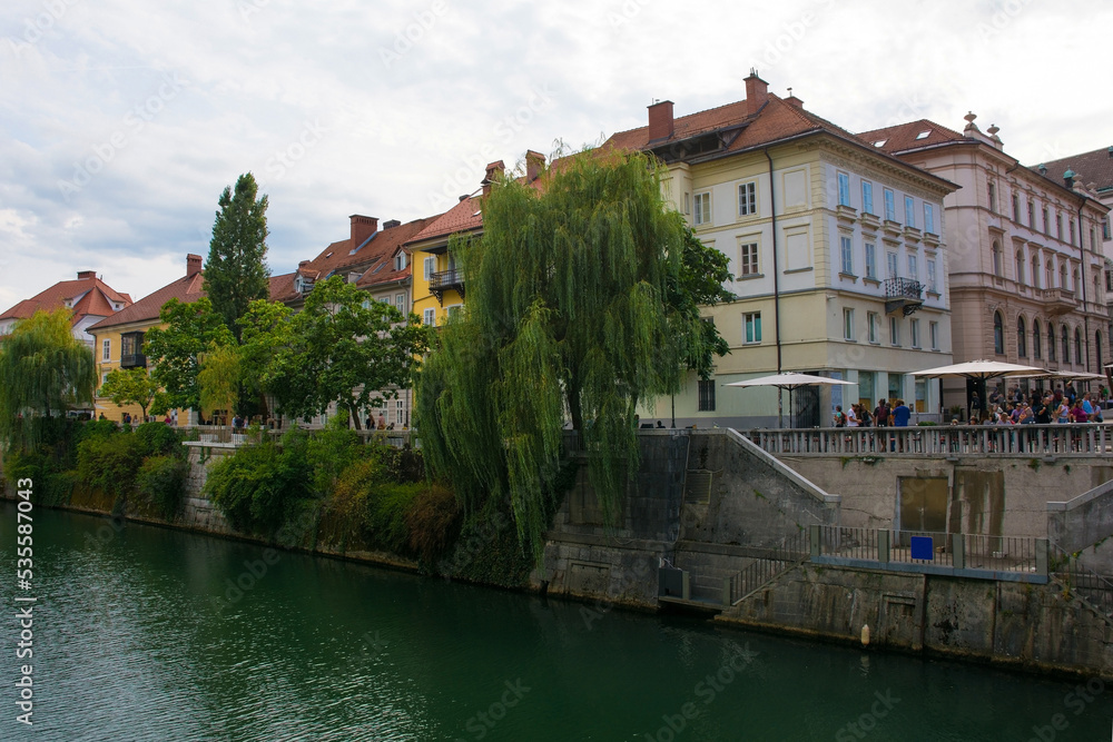 The waterfront of the Ljubljanici River in central Ljubljana, Slovenia
