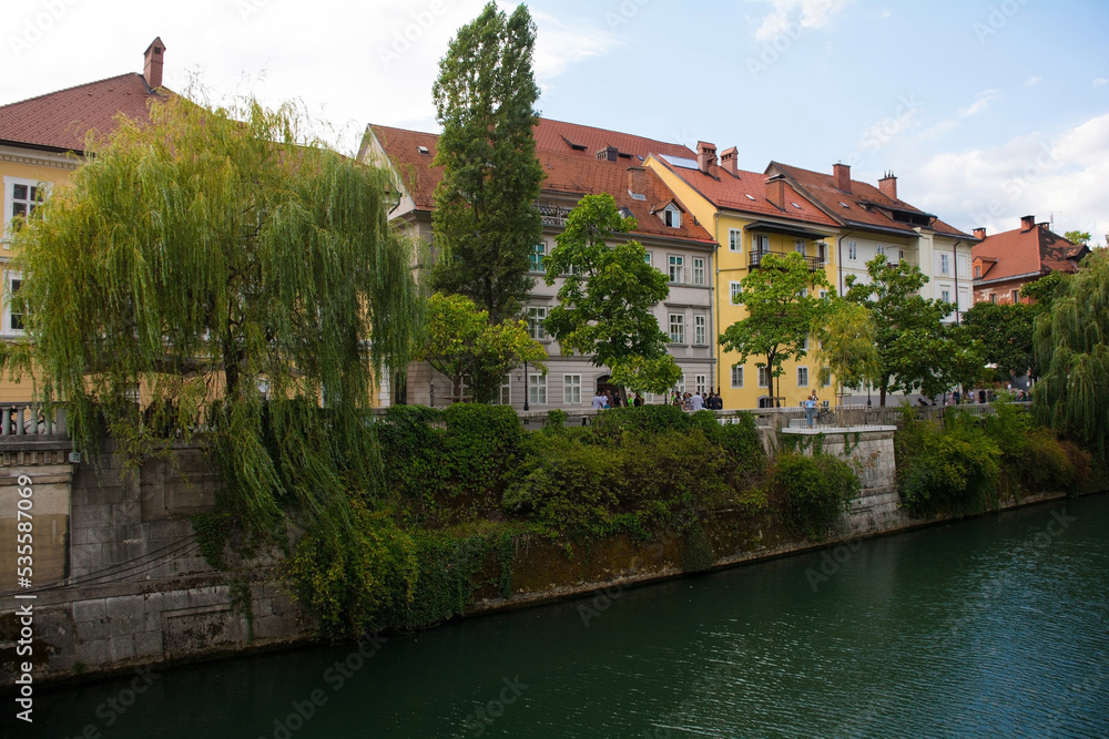 The waterfront of the Ljubljanici River in central Ljubljana, Slovenia
