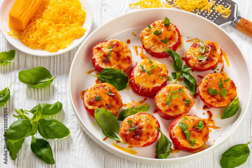 Baked Tomatoes with Mozzarella, Cheddar, Parmesan Baked Tomatoes with Mozzarella, Cheddar, Parmesan