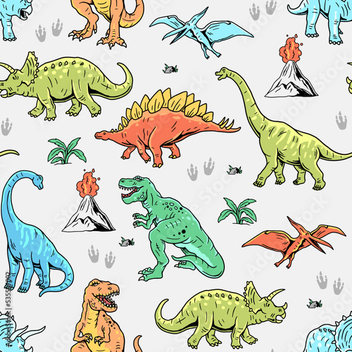 Dinosaur seamless pattern. Hand drawn vector dinosaurs with background view. Pattern with Tyrannosaurus Rex, Stegosaurus, Brachiosaurus, Triceratops, and Pterodactyl cartoons.
