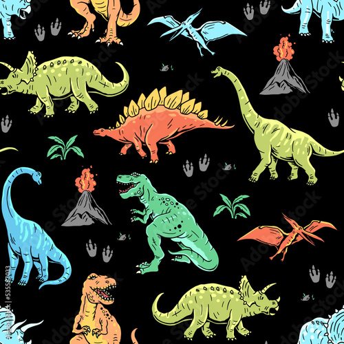 Dinosaur seamless pattern. Hand drawn vector dinosaurs with background view. Pattern with Tyrannosaurus Rex, Stegosaurus, Brachiosaurus, Triceratops, and Pterodactyl cartoons.