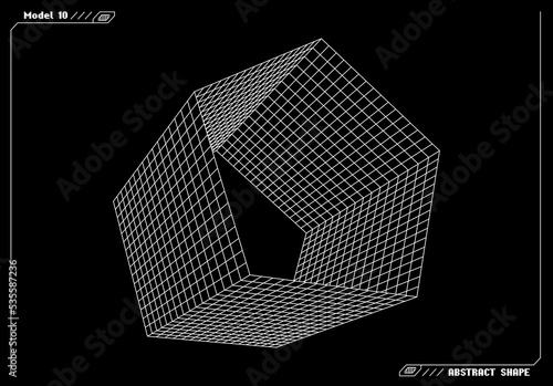 Abstract 3d wireframe shape or basic element with open edge. Science and technology geometric abstraction with deformed shape.