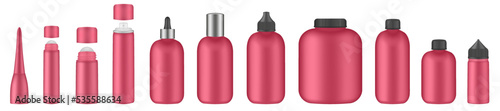 Set of red tubes and bottles. Roller ball tube. Body antiperspirant deodorant roll-on, open and closed blank tubes with screw cap. Realistic mockup. Eye Cream Roll Ball. Dropper, atomizer