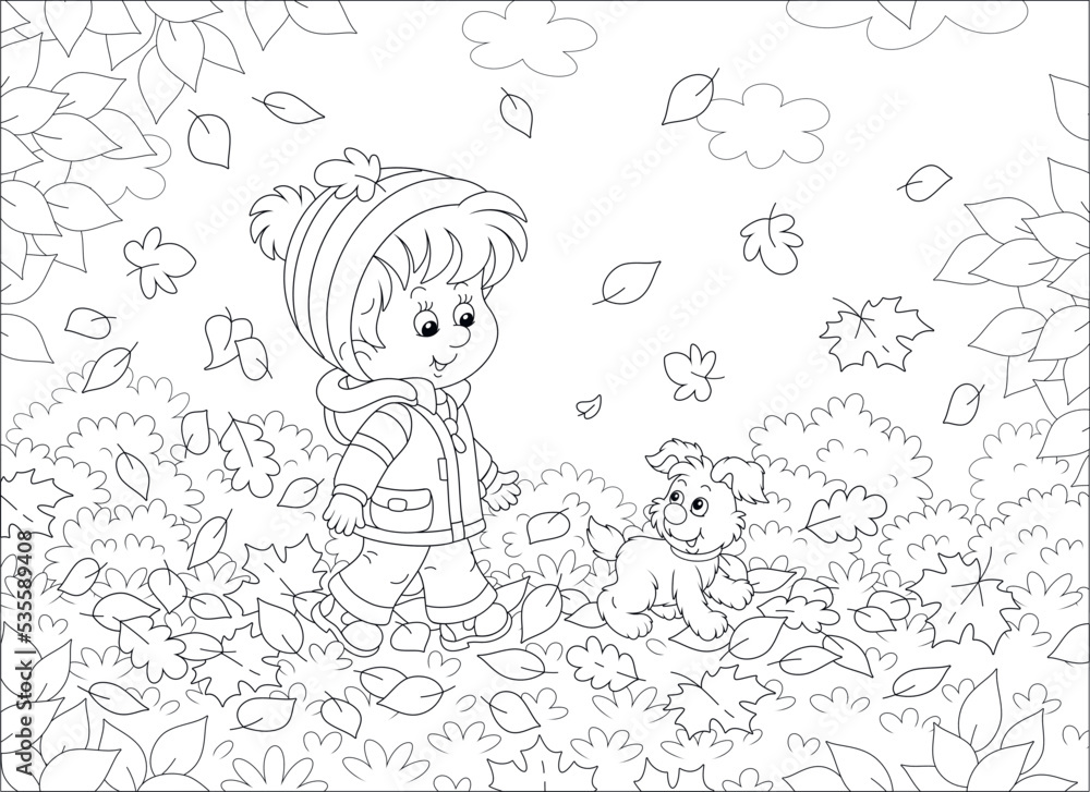 Little boy and his merry pup playing and walking on fallen leaves around a park on a beautiful autumn day, black and white outline vector cartoon illustration for a coloring book page Little boy and his merry pup playing and walking on fallen leaves around a park on a beautiful autumn day, black and white outline vector cartoon illustration for a coloring book page