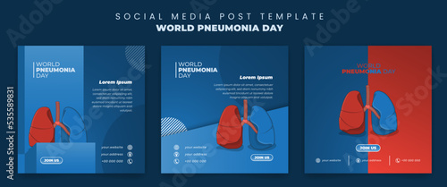 Set of social media post template with lung in red and blue color for world pneumonia day design photo