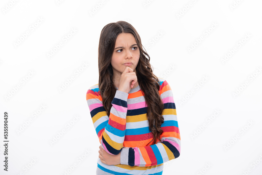 Thoughtful teenage child girl on white isolated background. Portrait of a kid thinking over idea. Pensive girl. Thinking face, thoughtful emotions of teenager girl. Thoughtful teenage child girl on white isolated background. Portrait of a kid thinking over idea. Pensive girl. Thinking face, thoughtful emotions of teenager girl.
