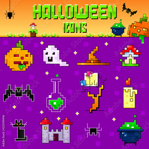 Halloween icons set. Pixel art style. Game design. Cute cartoon characters and fear holiday items. Vector stylized illustration.